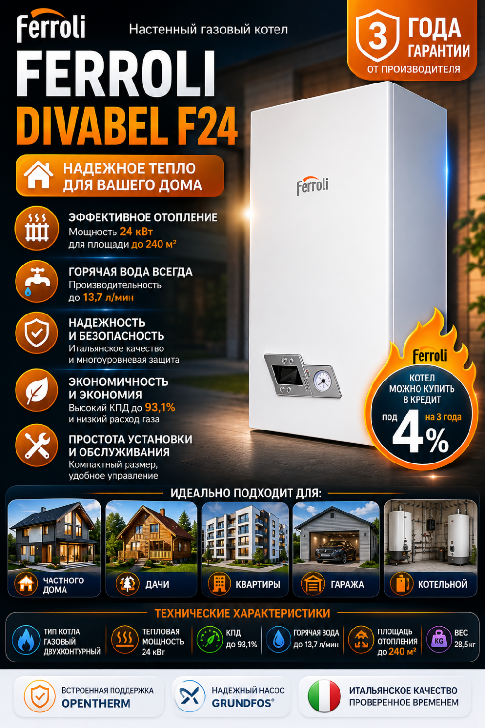 Настенный газовый котел Ferroli Divabel F24